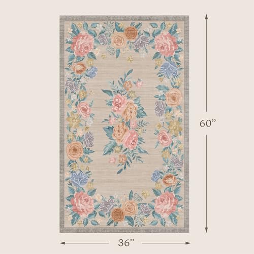 Rose Floral Washable Bedroom Rug 3x5, Non Slip Indoor Floor Door Mat – Pastel Botanical Spring Rug for Kitchen Entryway Laundry, Low Pile Vintage Cottage Stain Resistant Home Décor (Beige & Cream) - color: Warm Beige, size: 3' x 5' (Rectangular)