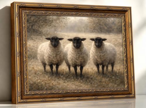 Vintage Gold Framed Wall Art - Rustic Blackface Sheep Landscape Canvas Painting, Neutral Farmhouse Lamb Poster, Muted Country Side Wall Decor for Bedroom, Living Room & Cottage, 9x11in - color: sheep, size: 11"L x 9"W