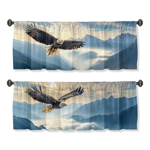 Eagle Valance Curtain for Windows 2 Pack Rustic Sun Soaring Mountain Cloud Blue Sky Rod Pocket Window Treatments Short Curtains for Kitchen Windows Bathroom Bedroom 54x18 Inch - color: Eagle
