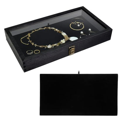 MOOCA Wooden Jewelry Display Case, Pocket Knife Display Case with Tempered Glass Top Lid and Removable Black Luxurious MDF Velvet Jewelry Pad, Black Color - color: 2) Black