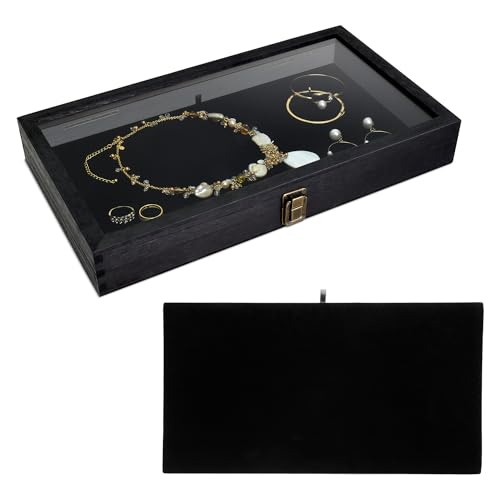 MOOCA Wooden Jewelry Display Case, Pocket Knife Display Case with Tempered Glass Top Lid and Removable Black Luxurious MDF Velvet Jewelry Pad, Black Color - color: 2) Black