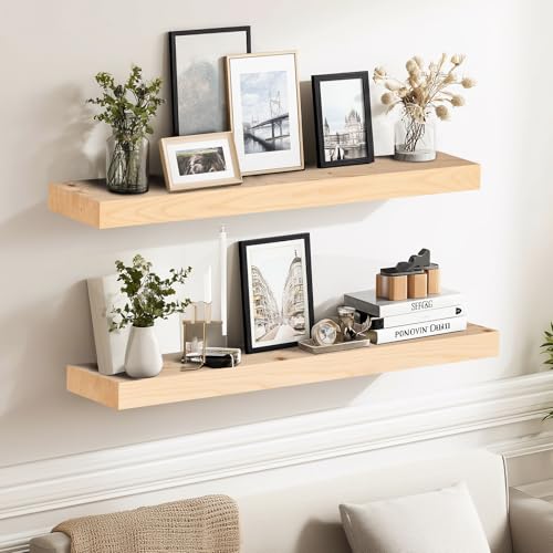 Solid Wood Floating Shelves, 24 Inch Wall Shelves, Set of 2, Wood - color: Wood, size: 24x8x1.6
