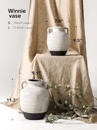 Large White Ceramic Vase with 2 Handles, 11.3 Inch, Farmhouse Rustic - color: Winnie - Aurora White, size: L(10.8"-11.8")