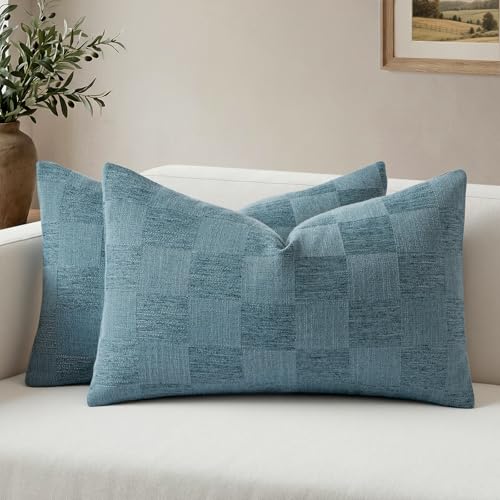 a moment Set of 2 Decorative Linen Throw Pillow Covers,Large Grid Textured Neutral Boho Farmhouse Cushion Covers,Soft Aesthetic Pillowcases for Couch Sofa Living Room Home Decor,20x12 Inch,Blue - color: Blue, size: 20" x 12" (Pack of 2)
