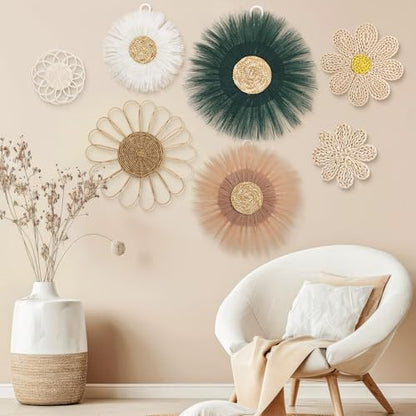 Chunful 7 Pcs Boho Wall Basket Decor Rattan Flower, Emerald Green - color: Emerald Green