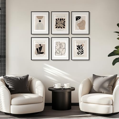 Framed Neutral Abstract Wall Art for Living Room, Set of 6 Canvas Prints - color: Matisse and Geometry
