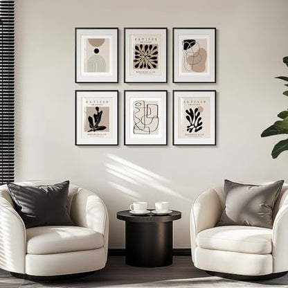 Framed Neutral Abstract Wall Art for Living Room, Set of 6 Canvas Prints - color: Matisse and Geometry