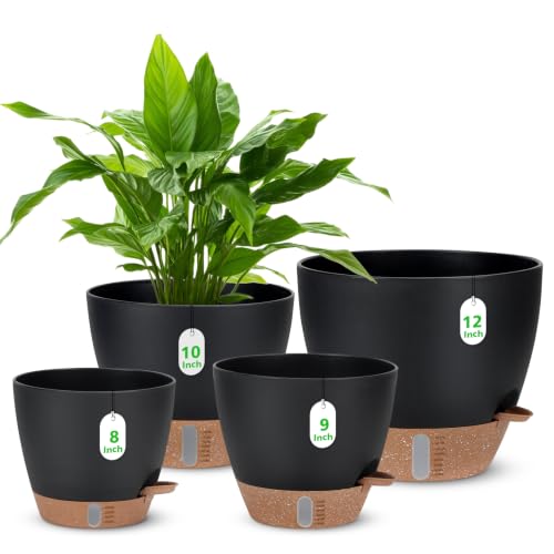 12" 10" 9" 8" Self Watering Pot for Indoor Plants, Large Plastic Planters Set with Water Level Indicator Deep Reservoir Tray, Bottom Watering Big Flower Pots with Mesh Drainage Hole - Black - color: Black