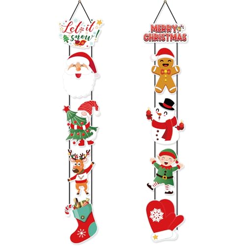 CroBlissful 2 Sets Christmas Porch Sign Santa Snowman Elf Door Banner - style: Christmas
