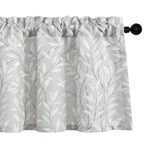 VOGOL Grey Window Valances for Farmhouse, 1 Panel Leaves Printed Linen Look Kitchen Valance, W 42 x L 18 Mini Size Country Style Rod Pocket Curtains for Sliding Door - color: Grey, size: 42"W x 18"L (Pack of 1)