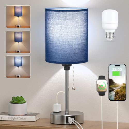 Blue Bedside Table Lamp for Bedroom, Desk Lamp with USB Ports for Dorm - color: Blue-Silver, size: 14.6 in
