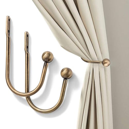 Curtain Holdback, Premium Metal Decorative Curtain Holdbacks with Zinc Alloy Cap Finials,Rust-Proof, Set of 2 Window Curtain Holdbacks (Brass) - color: Antique Brass-ball