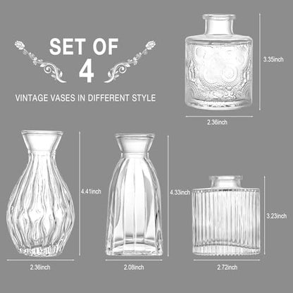 4pcs Clear Glass Bud Vase, Small Glass Vases in Bulk for Flower