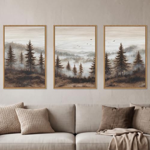 Large Foggy Pine Tree Mountain Framed Canvas Wall Art Set-16"x24"x3 - color: Foggy Landscape Wall Art, size: 16"Lx24"W