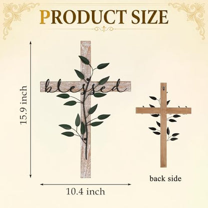 NIKKY HOME Wall Cross, Rustic Wooden Cross With Metal Leaves - color: Blessed