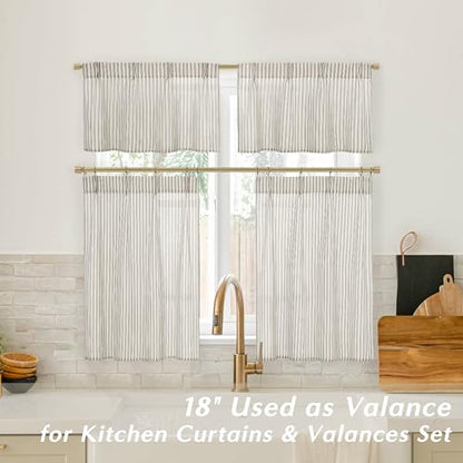 Lino Rosa Taupe Striped Kitchen Pinch Pleat Small Curtains with Hooks 20 Inch Length for Bathroom Windows - color: Taupe, size: 24"W x 20"L (Pack of 2)