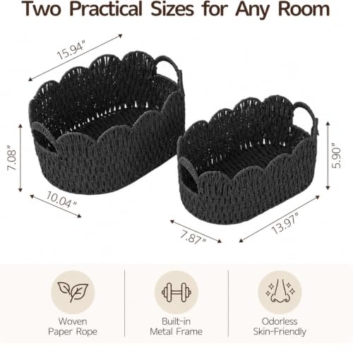 Endymion Set of 2 Paper Rope Scalloped Basket, Wicker Storage Baskets Black - color: Black