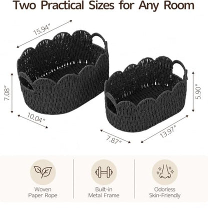 Endymion Set of 2 Paper Rope Scalloped Basket, Wicker Storage Baskets Black - color: Black