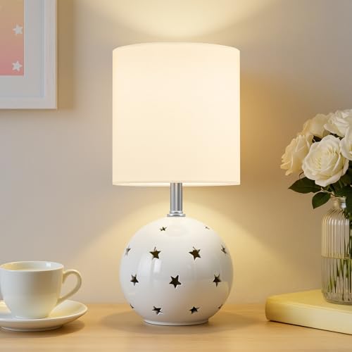 Small Table Lamp,14" White Ceramic Bedside Lamp for Girls Kids Bedroom,Dorm - color: White
