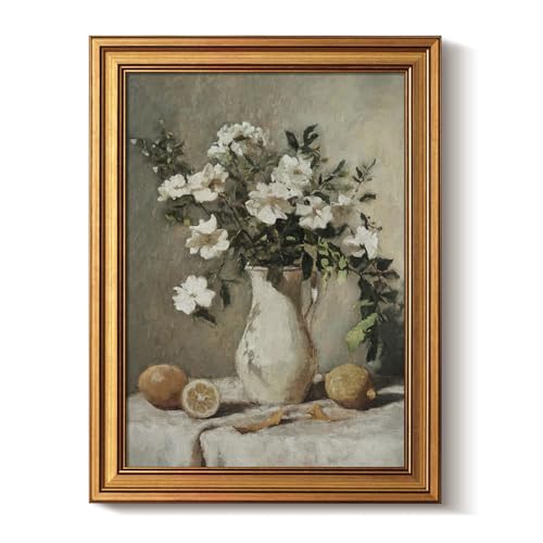 Bzstyleart Vintage Wall Art Decor for Living Room, Gold Framed Canvas Wall Art Prints Anthropologie Home Decor Aesthetic, Lemon Painting Botanical Flower Print, 12 x 16 Inch - color: Lemon White Flower, size: 16"L x 12"W