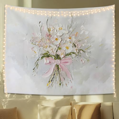 STHTTSW Wildflower Pink Bow Tapestry Aesthetic, Flower Tapestries Wall Blanket, Neutral Beige Botanical Wall Hanging Decor for Teen Girl Women Home Living Room Bedroom, 50x60 Inch - color: Wildflower