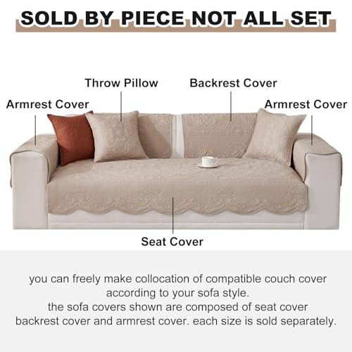 vctops Boho Cotton Quilted Couch Cover Soft Embroidered Sofa Cover Non-Slip Dog Bed Cover Scalloped Sofa Slipcover Washable Furniture Protector Cover (Khaki,28"x28") - color: Khaki, size: 1pc/28"x28"/Armrest or Backrest Cover