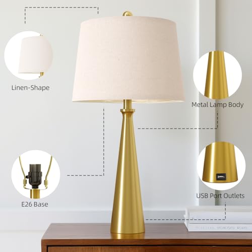 Oneach 25.75" Modern Table Lamp for Bedroom Set of 2, USB C Port, Gold - color: Brass