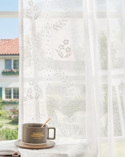 jinchan Floral Linen Curtains, Back Tab 50x63 Inch, 2 Panels White - color: S | White, size: 50"W x 63"L (Pack of 2)