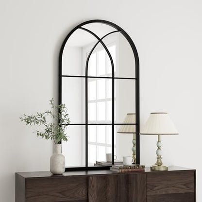 Rowjut Arched Top Window Glass Wall Mirror 42" x 24" Black Iron - color: Black-qm, size: 42"L x 24"W