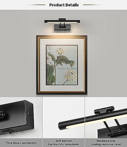Battery Operated Picture Light Wireless, 12in Dimmable Gallery Light Rechargeable Black Picture Lights for Wall, Swing Arm Art Light with Remote Control & Timed Settings - color: Model B-Black