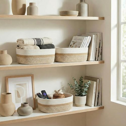 Beautiful Storage Basket Set of 3 - Sturdy Rope Baskets for Shelves - color: Beige-Brown
