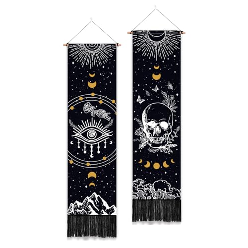 PLIGREAT 2 Pack Moon Phase Tapestry with Tassels, 52" x 13" Skull Head Aesthetic Wall Hanging Black and White Eye Vertical Home Art Tapestry for Bedroom Living Room Long Narrow Wall Hanging Art Decor - color: black,yellow