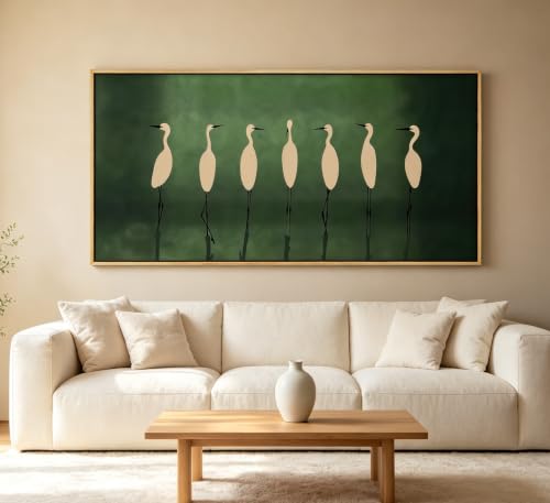 Large Wooden Framed Japanese Cranes Flock Wall Art,Vintage Bird Landscape Canvas Print,Modern Minimalist Picture Poster,Rustic Nature Animal Painting Artwork for Bedroom Living Room Office - color: Crane Flock, size: 40"L x 20"W