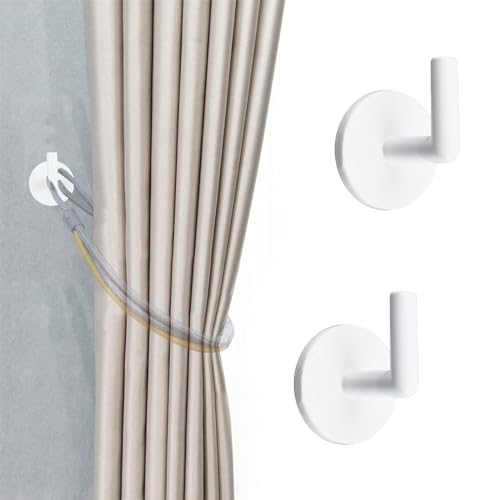 INCREWAY Curtain Holdbacks, 2PCS Self Adhesive Wall Mounted Drapery Tieback Holders Non-Trace Stick Metal Wall Hook Storage Holder Curtain Hooks Hanger for Home Decor, White - color: White, size: 2pcs