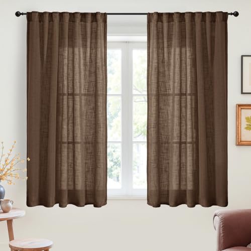 YoungsTex Brown Linen Semi Sheer Curtains 45 Inches Long 2 Panels - color: Brown, size: 42"W x 45"L (Pack of 2)