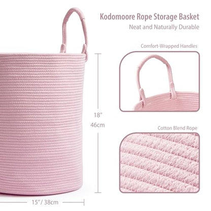 Laundry Hamper Basket, Woven Cotton Rope Blanket Basket, Nursery Storage - color: Light Pink, size: 15"D x 18"H