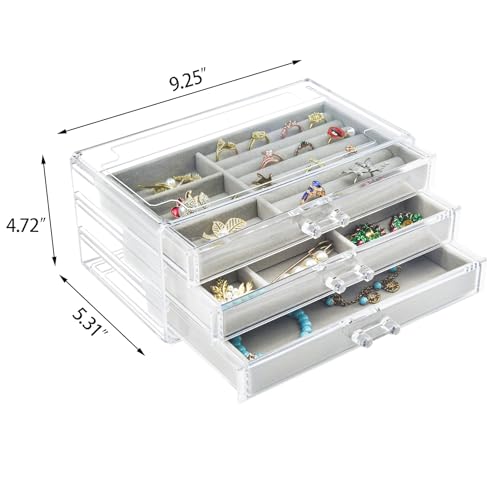 Weiai Acrylic Jewelry Box Organizer 3 Drawer Earring Storage Case Tray for Women - color: Gray
