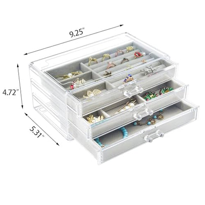 Weiai Acrylic Jewelry Box Organizer 3 Drawer Earring Storage Case Tray for Women - color: Gray