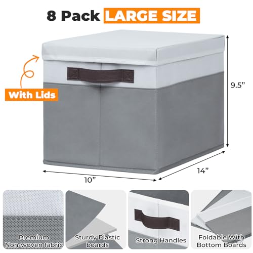 Criusia 8 Pack Closet Storage Bins with Lids - Stackable Storage Baskets for Organizing Clothes Toys Blankets - Odorless for Baby Nursery Organization and Storage Boxes Totes for Bedroom Dorm Room - color: White with Grey, size: 8pcs-Large