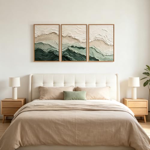 Aurlan 3D Textured Green Abstrcat Ocean Framed Canvas Wall Art 16x24 Inch - color: Green Beige (3D Textured), size: 16"L x 24"W
