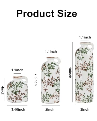 Green Floral Vase Set of 3 with Handles, Vintage Ceramic Jugs for Decor - color: Green & Brown02