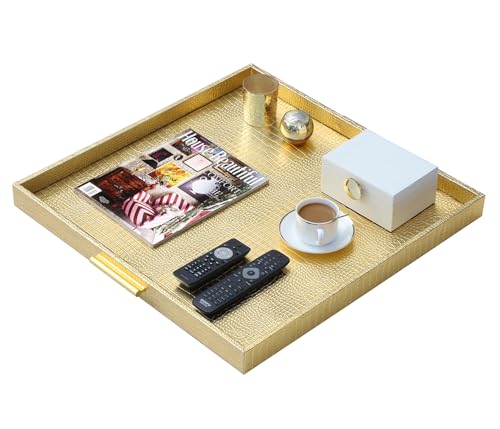 HofferRuffer Extra Large Square Serving Tray, Elegant Faux Leather Ottoman Tray with Gold Hardware Handles, Serve Tea, Coffee or Breakfast in Bed, 24 x 24 inches (Gold, 24" x 24" x 2") - color: Gold, size: 24" x 24" x 2"