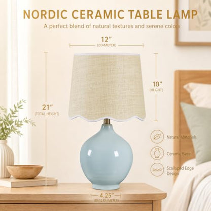 21"H Sky Blue Ceramic Table Lamp with Beige Faux Rattan Drum Shade - color: Sky Blue