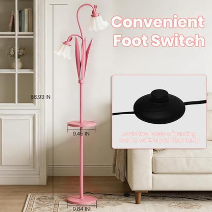 Pink Flower Floor Lamp with Table, Adjustable Floral Standing Lamp for Girl - color: Peach Pink