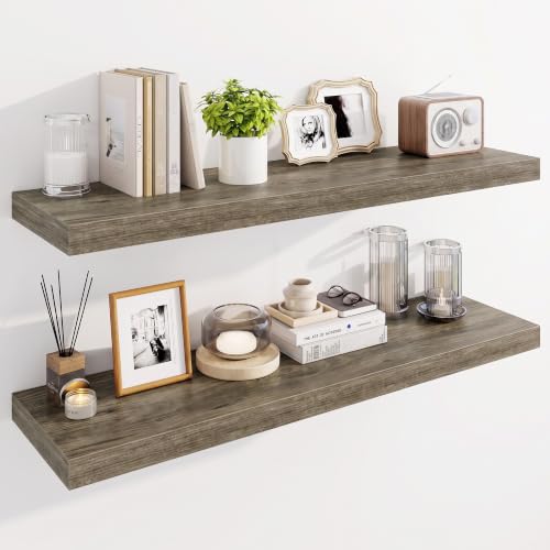Marsmiles 40" Floating Shelves for Wall, Wooden Shelves with Invisible Brackets Set of 2, Rustic Farmhouse Wall Mounted Shelf for Kitchen Bathroom Living Room Study, Grey - color: Grey, size: 40"