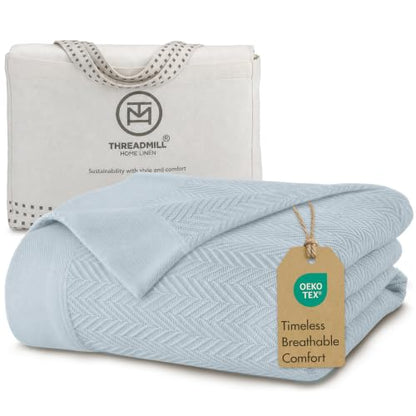 Threadmill Luxury 100% Cotton Queen Herringbone Blanket, Light Blue - color: Light Blue, size: Queen (90" x 92")