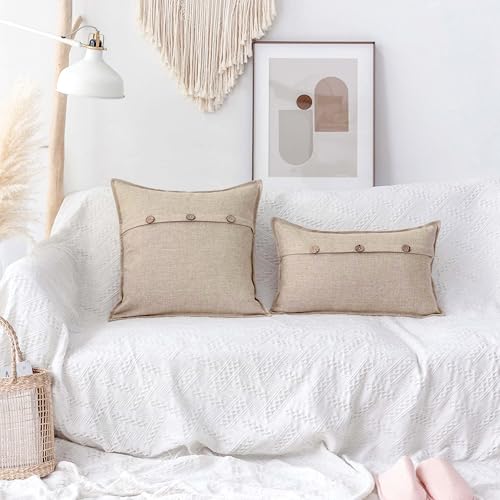 Home Brilliant Linen Pillow Covers 12x20 Burlap Button Throw Pillow Covers Decorative Triple Button Farmhouse Cushion Covers for Bedroom Living Room, 12 x 20 inches, Set of 2, Light Linen - color: Light Linen, size: 20" x 12" (Pack of 2)