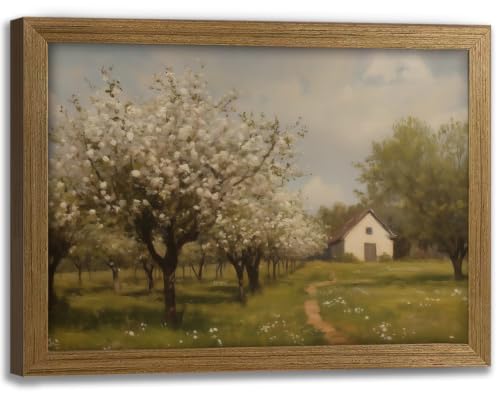 Framed Canvas Wall Art Vintage Landscape Painting Poster Rustic Farmhouse Picture Print Gallery Wrapped Artwork Country Tree Path Home Wall Decor 8x10 Inch - color: Retro House