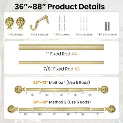 Ycolnaefllr Carved Leaf Curtain Rod,Gold, Adjustable 36-88" - color: Warm Gold, size: 36-88"