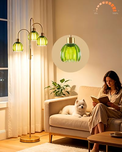 Green Lotus Glass Floor Lamp 3-Light 70" Gold Dimmable Tall Standing Lamp - color: Green Lotus-Gold